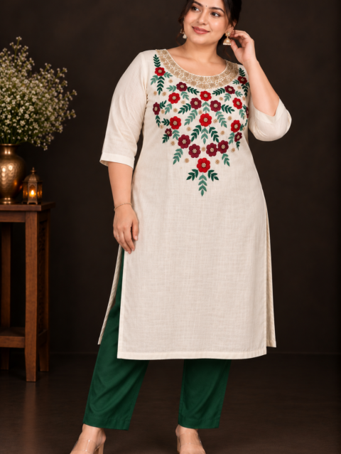 Cream Designer Floral Embroidery Kurti Set | Grand Maroon & Red Floral Embroidery with Golden Beadwork | PRISARA - Image 4