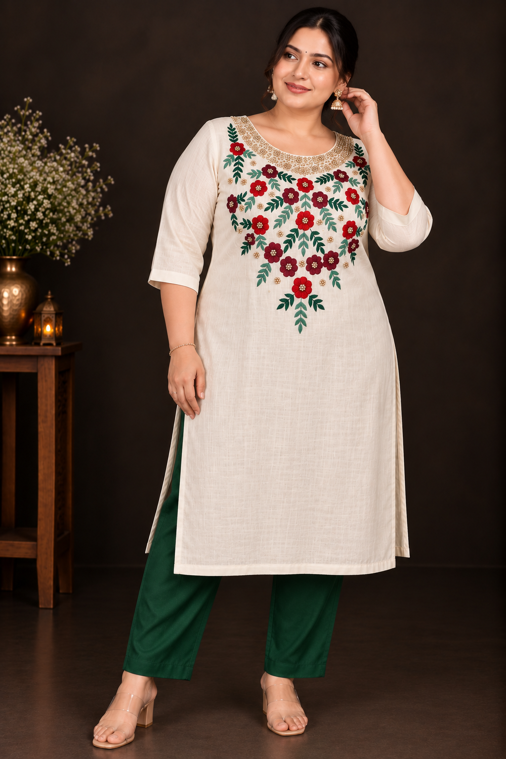 Cream Designer Floral Embroidery Kurti Set | Grand Maroon & Red Floral Embroidery with Golden Beadwork | PRISARA - Image 4