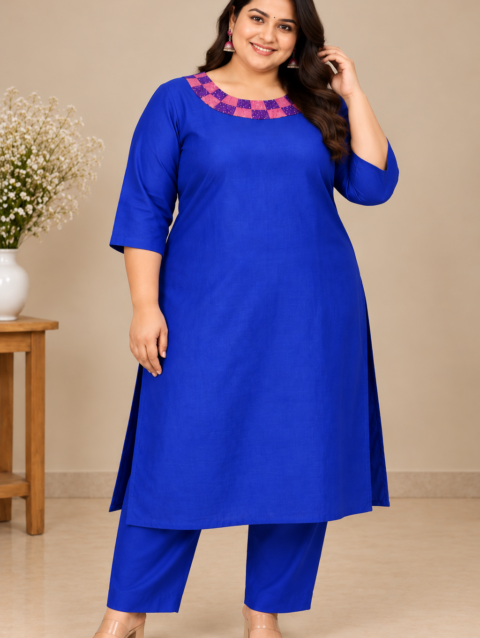 Dark Blue Designer Coord Set | White Boat Neck with Pink & Purple Knot Work and Beadwork | PRISARA - Image 2