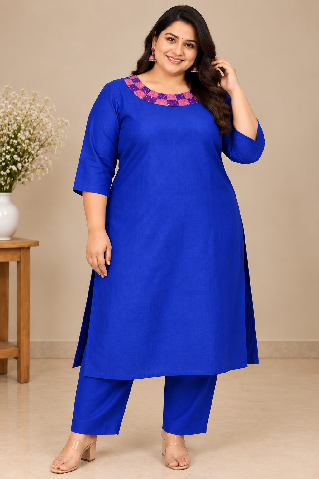 Dark Blue Designer Coord Set | White Boat Neck with Pink & Purple Knot Work and Beadwork | PRISARA - Image 2