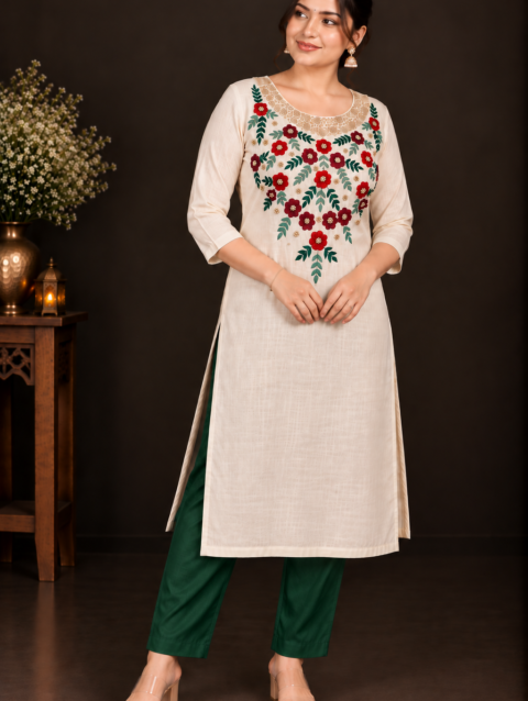 Cream Designer Floral Embroidery Kurti Set | Grand Maroon & Red Floral Embroidery with Golden Beadwork | PRISARA - Image 5