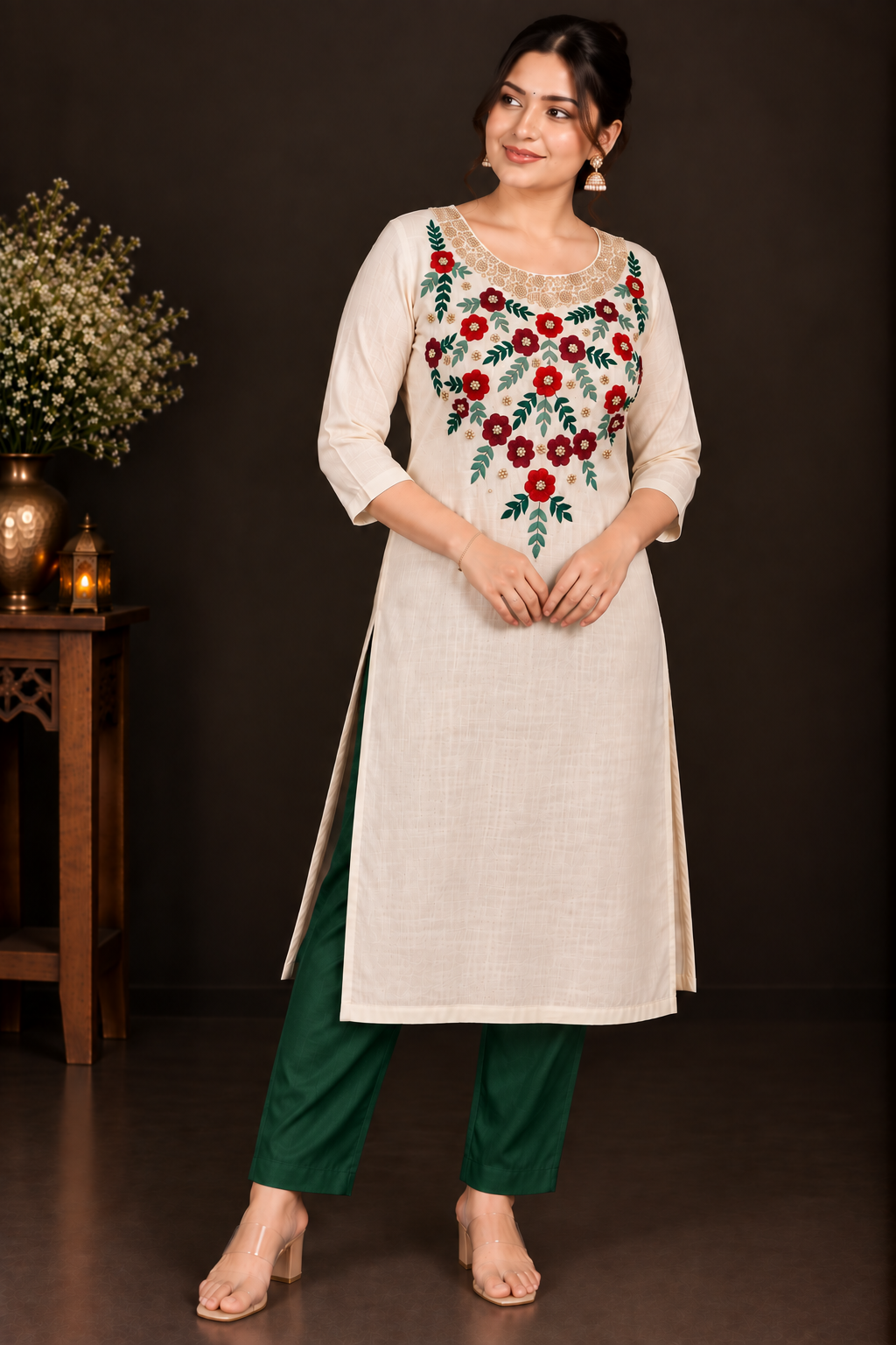 Cream Designer Floral Embroidery Kurti Set | Grand Maroon & Red Floral Embroidery with Golden Beadwork | PRISARA - Image 5