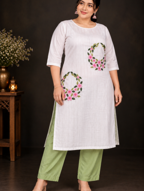Designer Floral Embroidery Kurti Set | Light & Dark Pink Flowers with Green Leaf Embroidery | PRISARA - Image 8