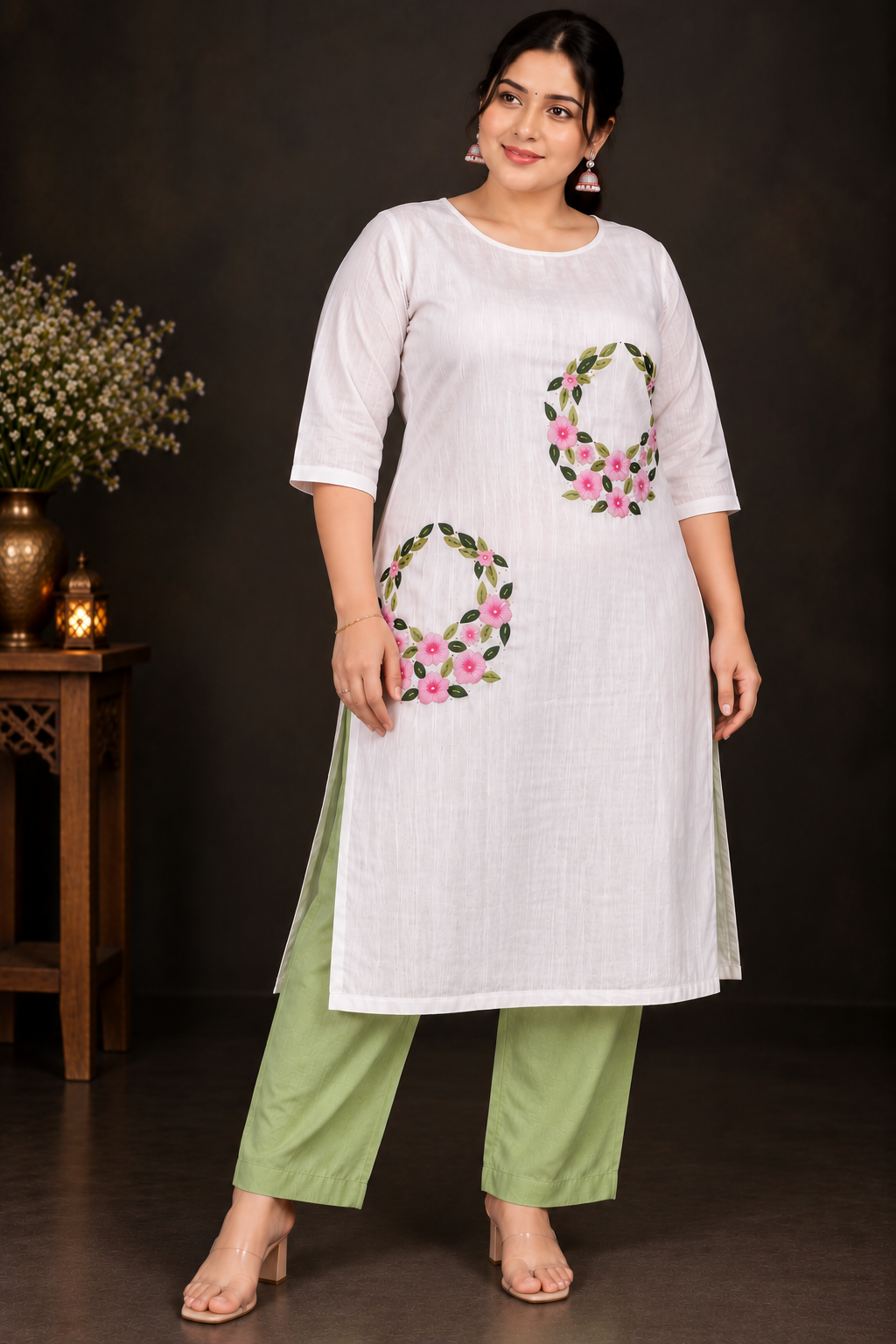Designer Floral Embroidery Kurti Set | Light & Dark Pink Flowers with Green Leaf Embroidery | PRISARA - Image 8