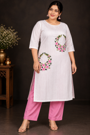 Designer Floral Embroidery Kurti Set | Light & Dark Pink Flowers with Green Leaf Embroidery | PRISARA