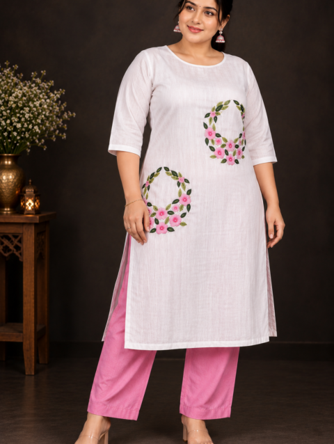 Designer Floral Embroidery Kurti Set | Light & Dark Pink Flowers with Green Leaf Embroidery | PRISARA - Image 9