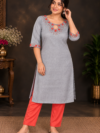 Light Grey Bullion Roses Designer Coord Set | Closed Neck Embroidered Kurti with Straight Pant | PRISARA