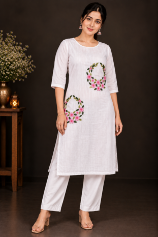 Designer Floral Embroidery Kurti Set | Light & Dark Pink Flowers with Green Leaf Embroidery | PRISARA