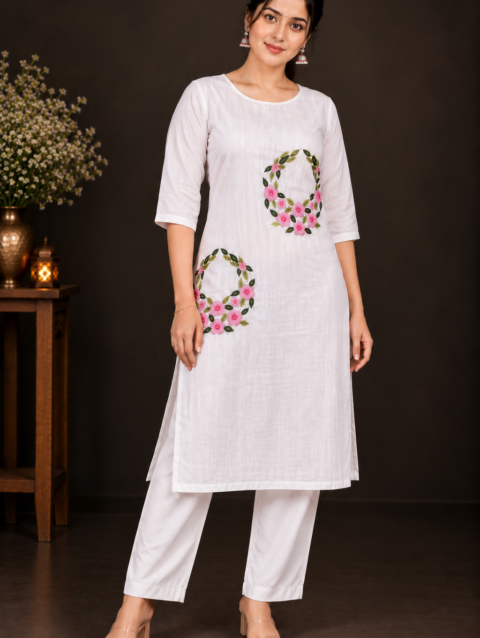 Designer Floral Embroidery Kurti Set | Light & Dark Pink Flowers with Green Leaf Embroidery | PRISARA - Image 12