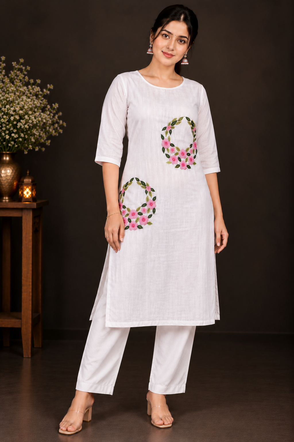Designer Floral Embroidery Kurti Set | Light & Dark Pink Flowers with Green Leaf Embroidery | PRISARA - Image 12