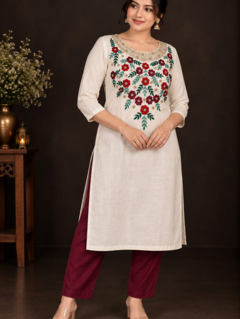Cream Designer Floral Embroidery Kurti Set | Grand Maroon & Red Floral Embroidery with Golden Beadwork | PRISARA - Image 10