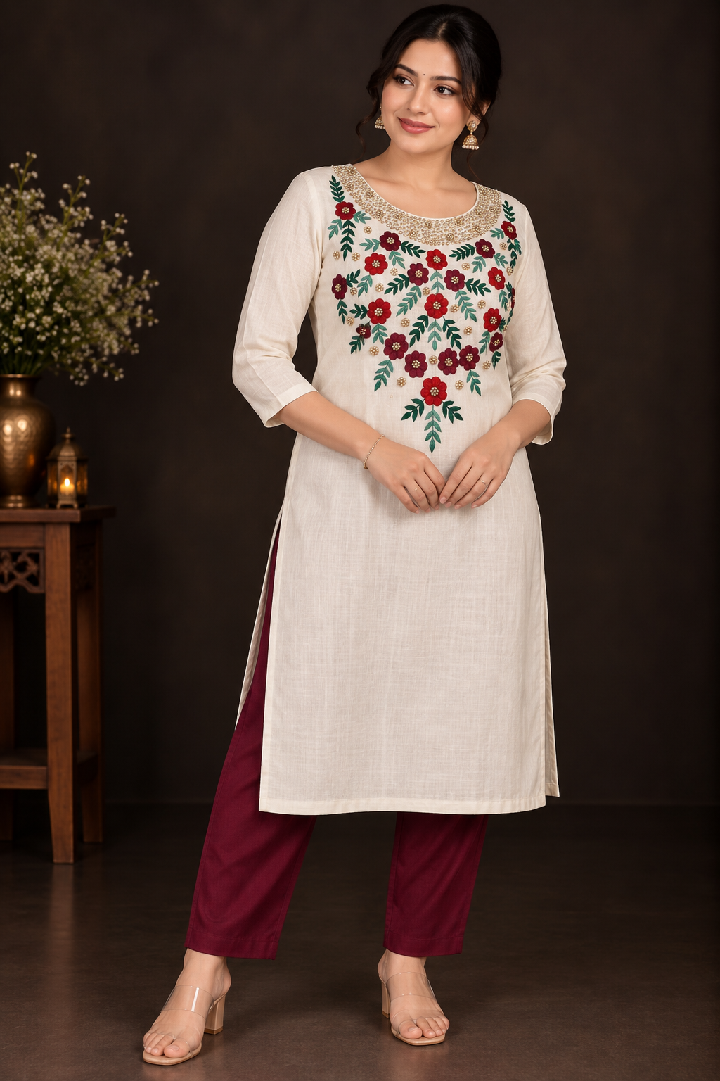 Cream Designer Floral Embroidery Kurti Set | Grand Maroon & Red Floral Embroidery with Golden Beadwork | PRISARA - Image 10