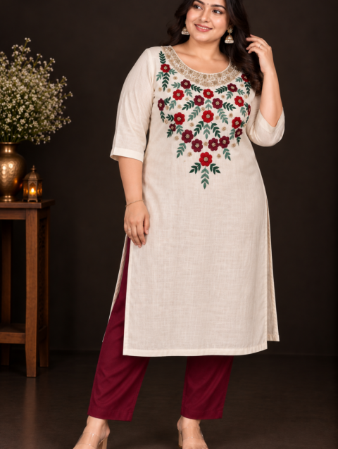 Cream Designer Floral Embroidery Kurti Set | Grand Maroon & Red Floral Embroidery with Golden Beadwork | PRISARA - Image 9