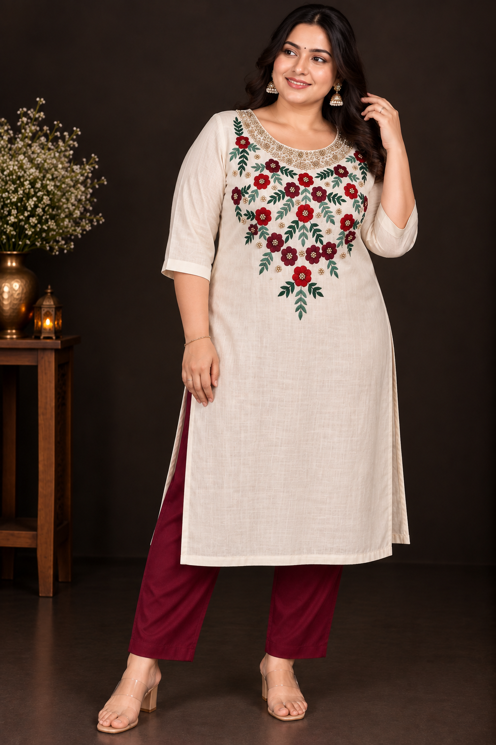 Cream Designer Floral Embroidery Kurti Set | Grand Maroon & Red Floral Embroidery with Golden Beadwork | PRISARA - Image 9