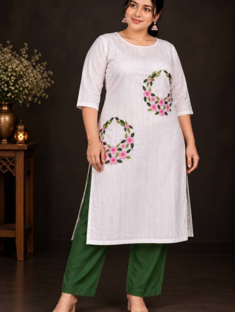 Designer Floral Embroidery Kurti Set | Light & Dark Pink Flowers with Green Leaf Embroidery | PRISARA - Image 6