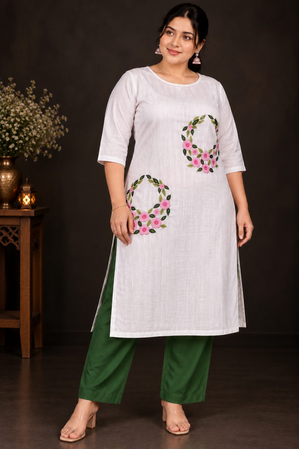 Designer Floral Embroidery Kurti Set | Light & Dark Pink Flowers with Green Leaf Embroidery | PRISARA - Image 6