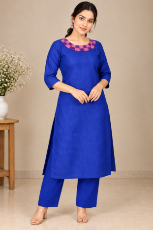 Dark Blue Designer Coord Set | White Boat Neck with Pink & Purple Knot Work and Beadwork | PRISARA
