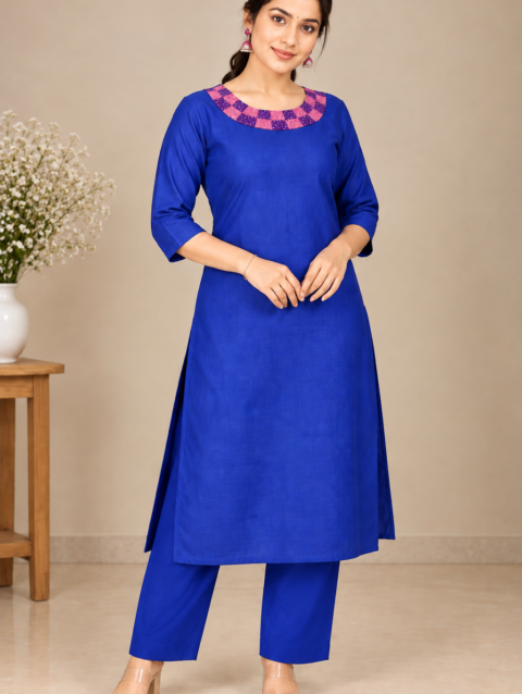 Dark Blue Designer Coord Set | White Boat Neck with Pink & Purple Knot Work and Beadwork | PRISARA - Image 6
