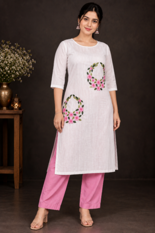 Designer Floral Embroidery Kurti Set | Light & Dark Pink Flowers with Green Leaf Embroidery | PRISARA
