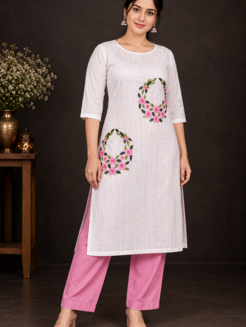 Designer Floral Embroidery Kurti Set | Light & Dark Pink Flowers with Green Leaf Embroidery | PRISARA - Image 10