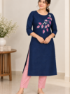 Dark Blue Designer Kurti with One-Sided Pink Floral Embroidery | Light & Dark Pink Floral Work with White Beads | PRISARA