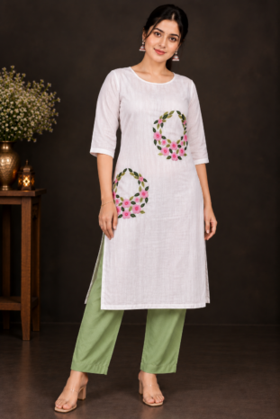 Designer Floral Embroidery Kurti Set | Light & Dark Pink Flowers with Green Leaf Embroidery | PRISARA