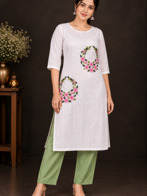 Designer Floral Embroidery Kurti Set | Light & Dark Pink Flowers with Green Leaf Embroidery | PRISARA - Image 1