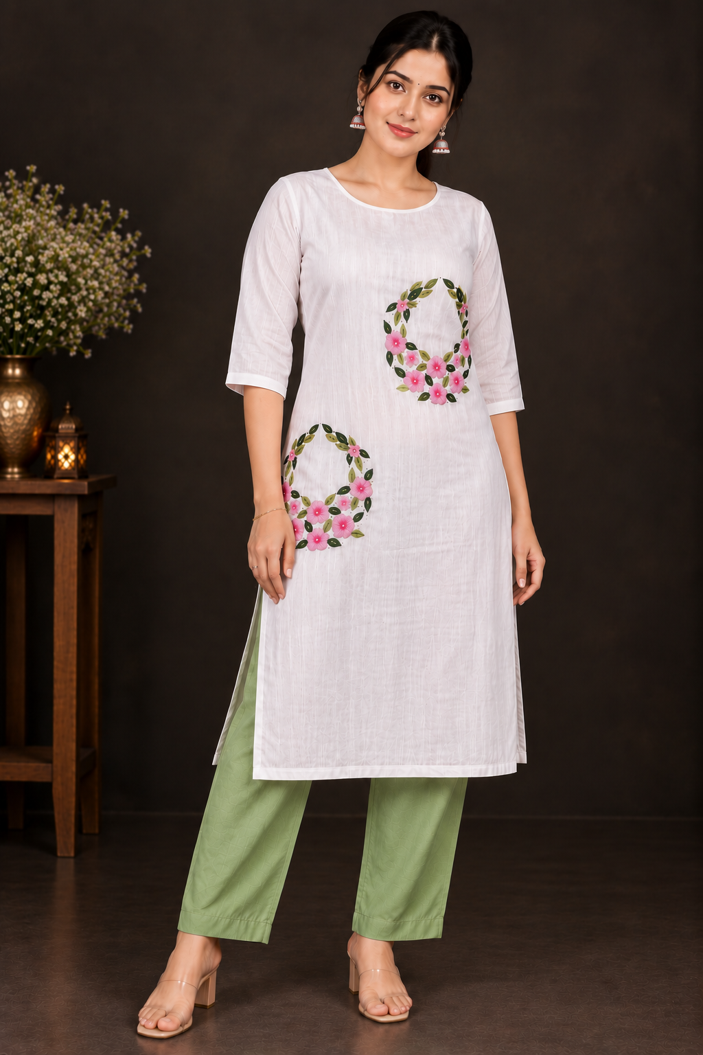 Designer Floral Embroidery Kurti Set | Light & Dark Pink Flowers with Green Leaf Embroidery | PRISARA - Image 1