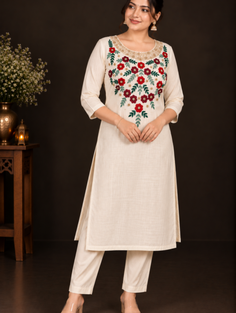 Cream Designer Floral Embroidery Kurti Set | Grand Maroon & Red Floral Embroidery with Golden Beadwork | PRISARA - Image 12