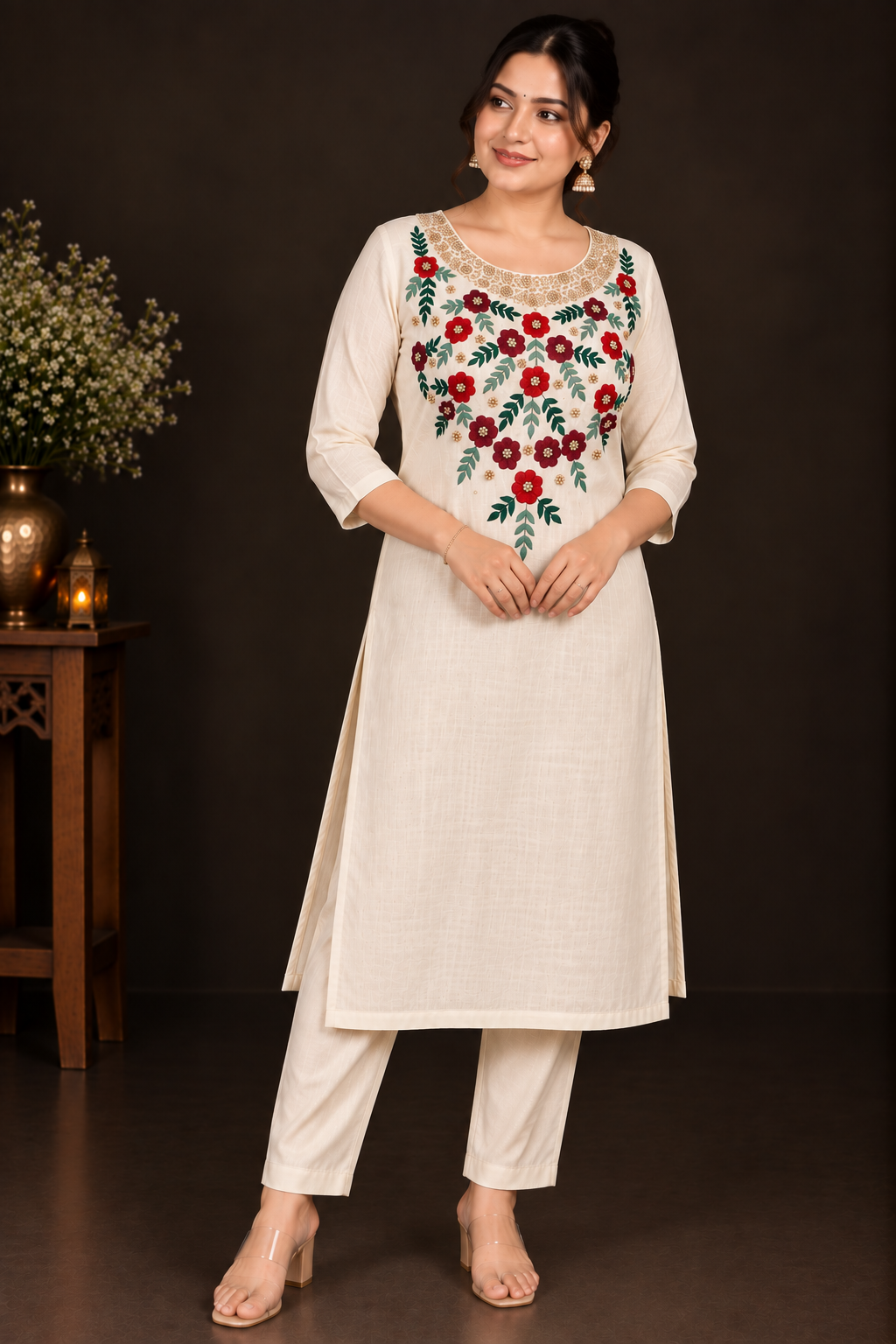 Cream Designer Floral Embroidery Kurti Set | Grand Maroon & Red Floral Embroidery with Golden Beadwork | PRISARA - Image 12