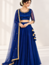 Dark Blue Designer Net Lehenga with Gold Zari Floral Embroidery, Katdana Beads & Stone Work | Full Flare Lehenga Set with Dupatta | PRISARA