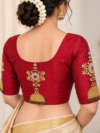 Dark Red Designer Jumka Blouse with Heavy Golden Zardozi Embroidery, Kundan Stones & Beadwork | PRISARA